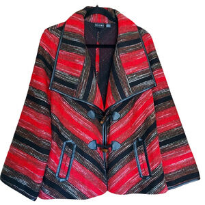 Tribal Wool Blend Women's Swing Jacket Red Black Tribal Print Toggle Closure LG